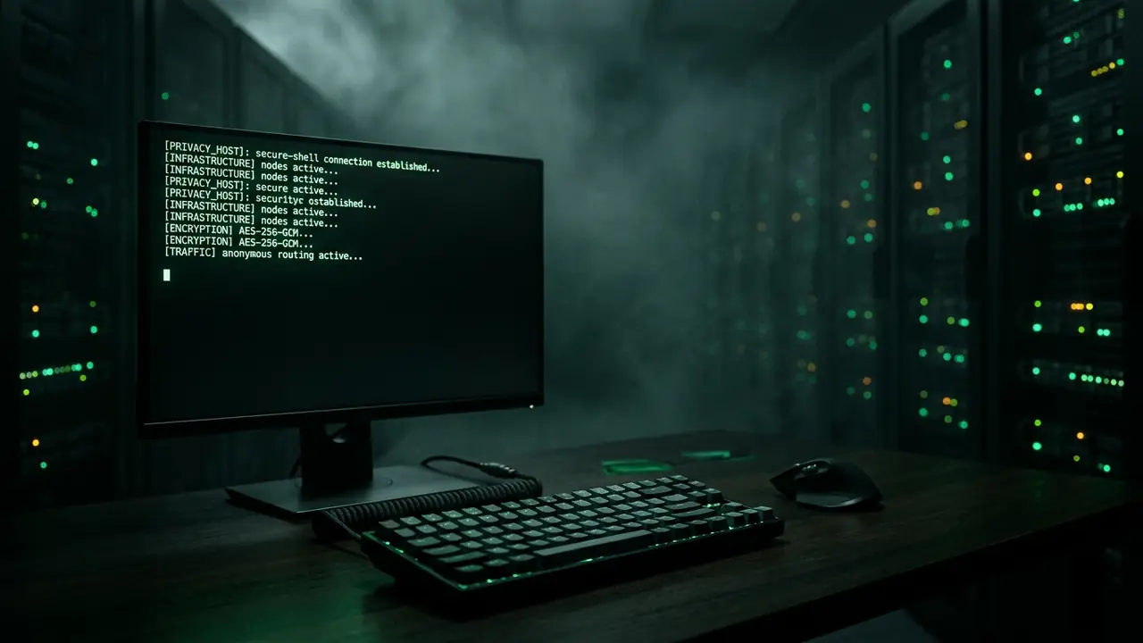 Dark developer workstation with a glowing terminal over blurred server racks